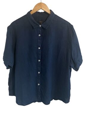 Quince Short Sleeve 100% Linen Button Down Shirt Blue XL Quiet Luxury